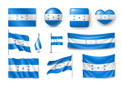 Various flags of Honduras independent country set. Realistic waving national flag on pole, table flag and different shapes badges. Patriotic symbolics for design isolated vector illustration