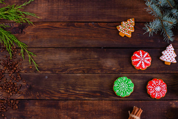 Christmas homemade gingerbread cookies on wooden table. It can be used as a background