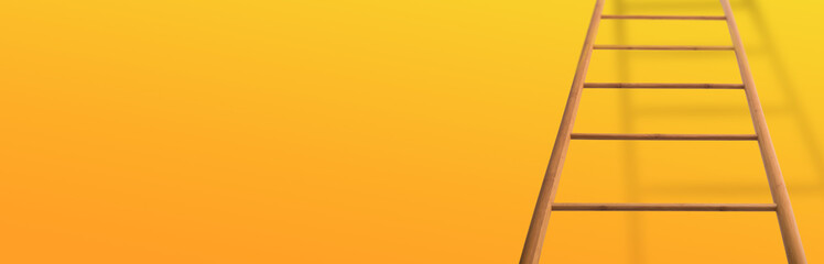 Wooden Ladder Leaning on Orange Wall with Empty Space © Prostock-studio