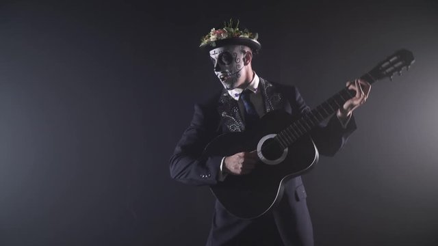Santa Muerte carnival, a man with the face paint and a hat with flowers, 4k
