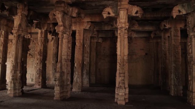 Pan View of Beautifully Sculpted Rock Piller inside the Malyavanta Raghunatha Temple, Hampi, Karnataka