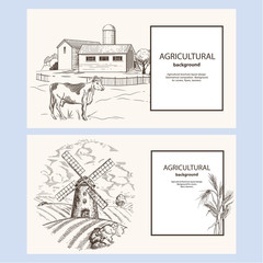 Rural landscape with a mill and a field. A cow stands near the barn. Hand drawn image. Vector illustration. Template for horizontal banner.