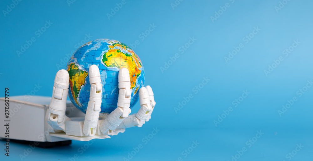 Poster global robotization. robot hand holding earth planet