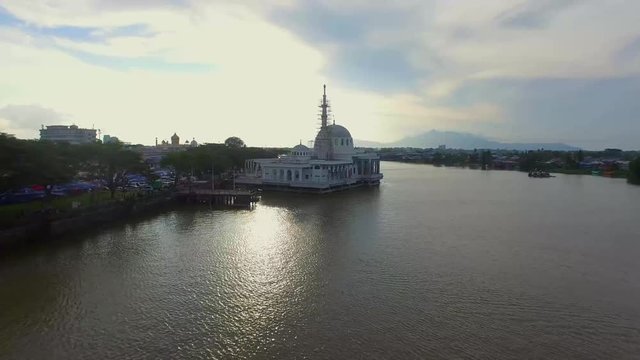 Ariel View Sunset At Sarawak River And A Mosque