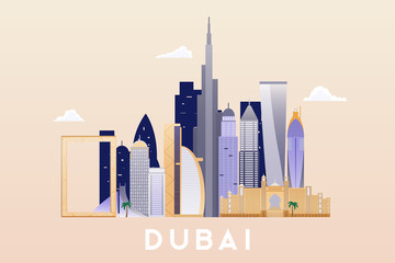 Dubai. Skyline and vector landscape of buildings and famous landmarks. 