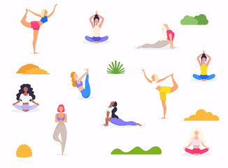 Woman in various poses of yoga. Shapes of woman doing yoga fitness workout. Can be used as a pattern. Set of yoga positions.