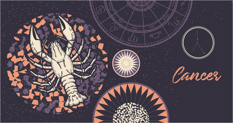Zodiac sign Cance. The symbol of the astrological horoscope. Horizontal banner. Template for postcard, brochure, page, booklet.
