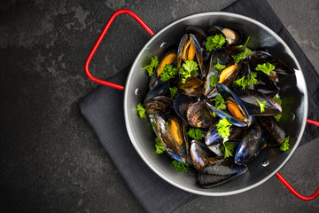 Mussels with Fresh Parsley, Seafood Dish, Top View
