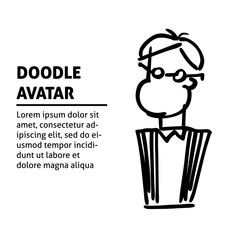 A square vector image with dooodle business avatar of a man. Office professions freehand template for a flyer or poster design. 