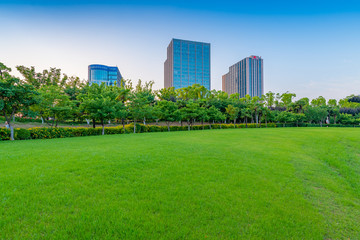 Fototapeta na wymiar Afternoon Lawn Green space and business building, Daning Tulip Park, Shanghai, China