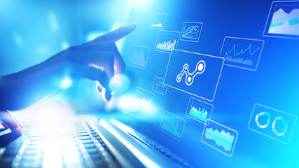 Big data analysis, business intelligence, technology solutions concept on virtual screen.