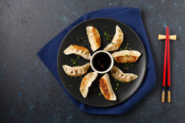 Original Japanese dumplings Gyoza with chicken and vegetables.Top view. Flat lay. Dark blue backgrund.