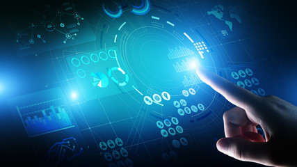 Business intelligence Marketing strategy Trading investment application on virtual screen. Technology concept.