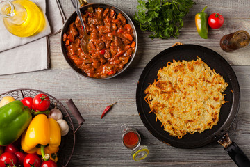 Hungarian potato pancake with goulash