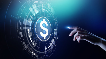 Dollar icons on virtual screen. Currencies Forex trading and financial market concept. Digital banking and growth.