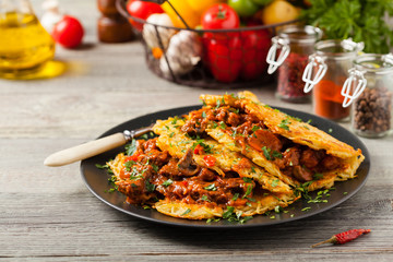 Hungarian potato pancake with goulash