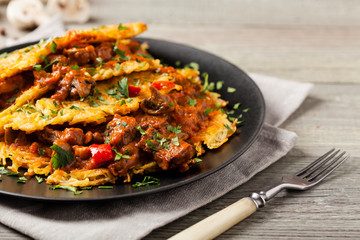 Hungarian potato pancake with goulash