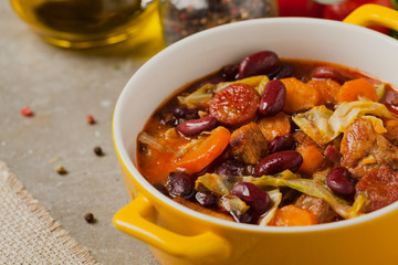 Traditional portuguese goulash with cabbage, beans and ribs.