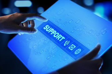 Support button on virtual screen. Customer service and communication concept.