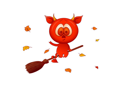  Halloween. Little devil flies on a broomstick. All objects are depicted in the traditional Halloween style. Vector illustration.