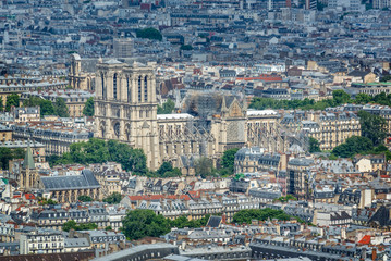 Obraz premium Aerial view of Notre Dame cathedral renovation of the fire in Paris France