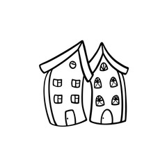 Two tall houses leaned toward each other. Black and white illustration on a white background.