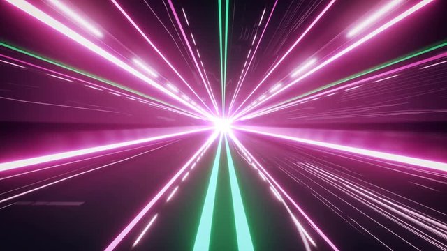 Abstract technology tunnel. Glowing pink and green neon stripes. Station space. Motion geometry background. 4k