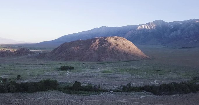 Flying over the amazing rock formations of Alabama Hills in California, aerial, drone dolly in shot