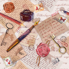 Old paper texture with hand written text, keys, pen, ink bottle, postal stamps. Vintage seamless pattern