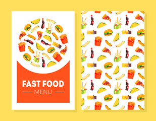 Fototapeta na wymiar Fast Food Menu Card Template, Restaurant, Cafe Design Element, Banner, Invitation, Voucher, Flyer, Coupon, Brochure, Vector Illustration