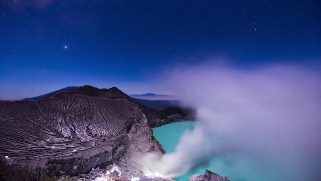 Ijen creator puffing away under a moon lit sky full of stars.
