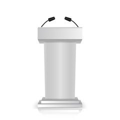 Gray stage stand or debate podium rostrum with microphones  for speaker isolated on white background. 3d realistic tribune  icons.
