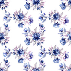 watercolor blue-pink flowers, buds and leaves on a seamless white background for use in design, textiles, wrapping paper, Wallpaper, stationery