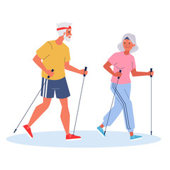 Old couple nordic walking. Outdoor activity and healthy