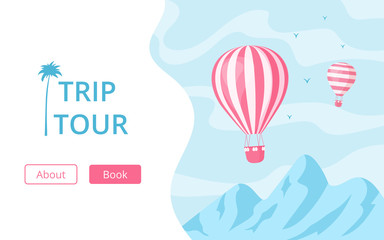 Hot air balloon booking trip tour concept vector illustration. Online travel booking service landing page template with red hot air balloon on blue mountain landscape for tour reservation website