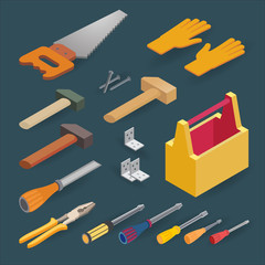 Isometric construction tools. Handsaw, chisel, box, screwdrivers and hammers.