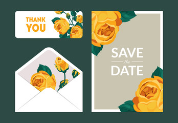 Save the Date, Holiday, Wedding Invitation Templates Set, Thank You, Rsvp, Floral Cards and Envelope with Elegant Yellow Rose Flowers, Frame with Space for Text Vector Illustration