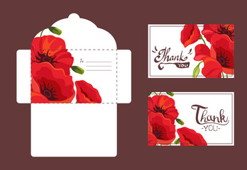 Save the Date, Holiday, Wedding Invitation Templates Set, Thank You, Rsvp, Floral Cards and Envelope with Elegant Red Poppy Flowers, Frame with Space for Text Vector Illustration