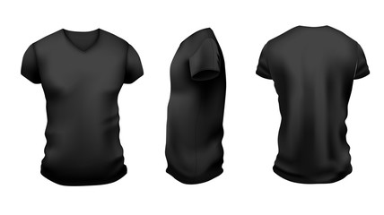 Men s black t-shirt with short sleeve mockup. Front, side and back view on white background. Vector template.