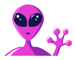Neon purple alien showing peace sign closeup. vector illustration. Martian face with large eyes.  Extraterrestrial invasion concept