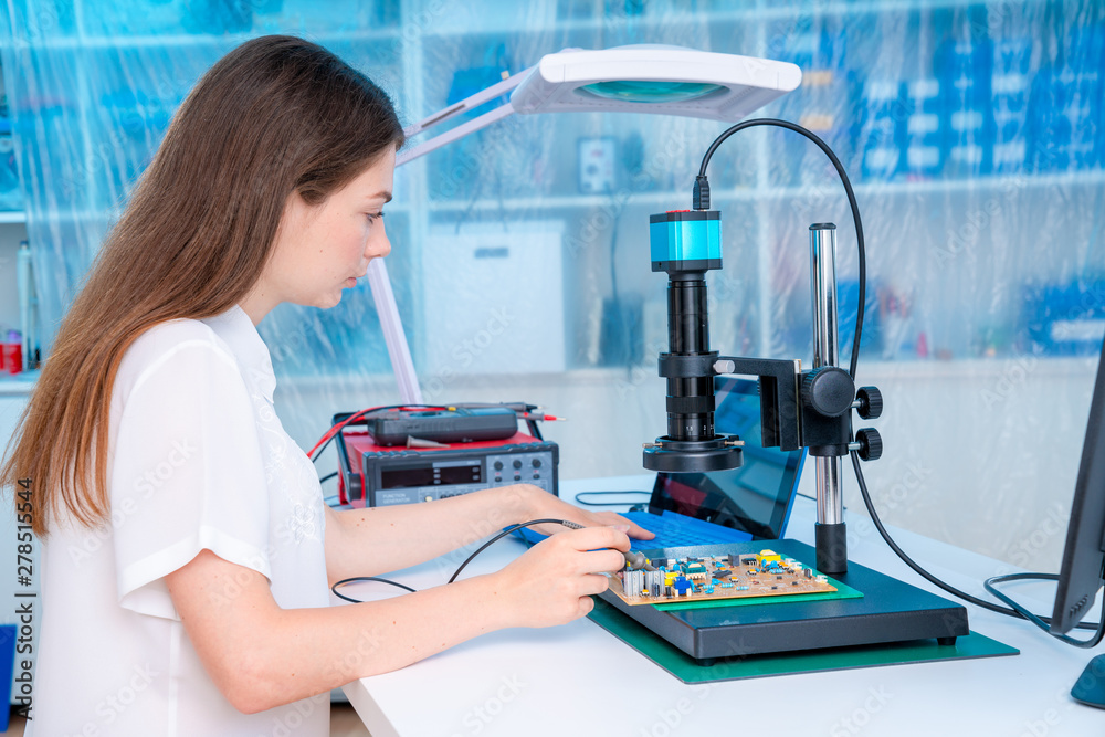 Sticker woman worker in laboratory of electronics devices