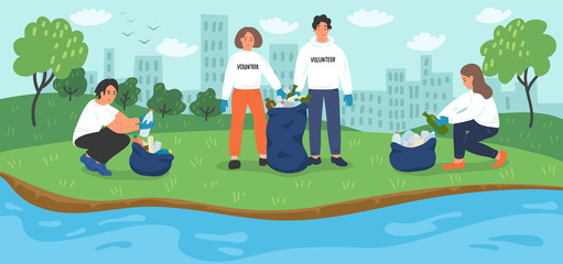 Fototapeta premium Environmental volunteer activists cleaning riverbank. 