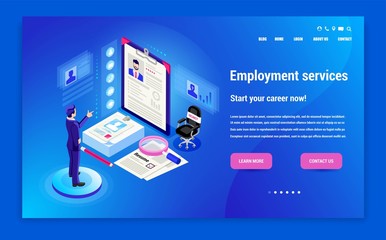 Isometric hiring, recruitment agency. Web site page concept. Landing. Template, banner, advertising, presentation. Open job vacancy. Online job interview.