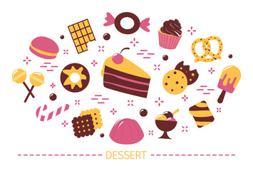 Dessert concept. Cake and donut, muffin and chocolate