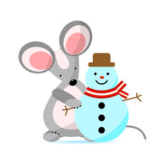 Cute mice with snowman isolated on white background. Creative character  for 2020 New Year. Rat symbol of the year in the Chinese calendar. Vector illustration. Funny design for greetings card
