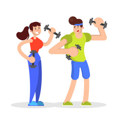 Man and woman doing sport exercise with a dumbbell