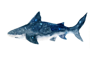 Watercolor shark.Dreams illustrations.Hand-painted realistic underwater animal art.Humpback, Grey, Blue, Killer, Cachalot, Bowhead, Beluga,  for design, print, sticker or background postcard