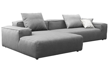 Modern gray fabric sofa with pillows. 3d render