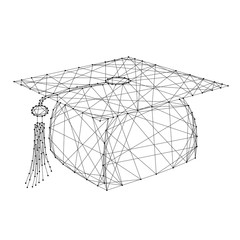 Graduation cap from abstract futuristic polygonal black lines and dots. Vector illustration.