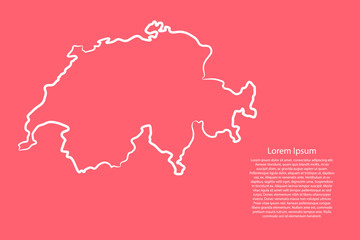 Switzerland map from the contour pink coral color brush lines different thickness. Vector illustration.